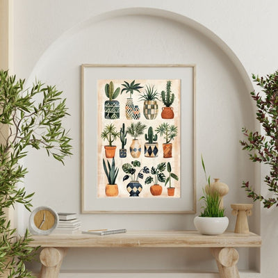 Poster wall art showing 'Urban Oasis – Boho Greenery in Minimalist Style' on a wall with plants