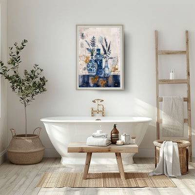 Poster wall art showing 'Vase Harmony – Simplistic Greenery in Blue Abstract' in a bathroom