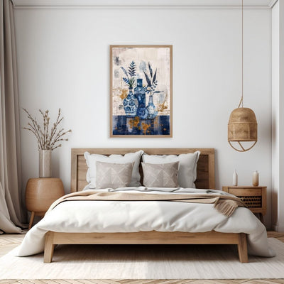 Poster wall art showing 'Vase Harmony – Simplistic Greenery in Blue Abstract' in a bedroom