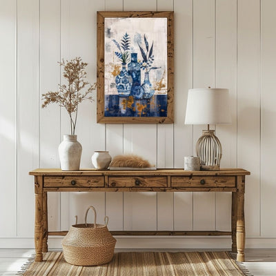 Poster wall art showing 'Vase Harmony – Simplistic Greenery in Blue Abstract' in a hallway