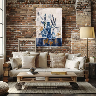 Poster wall art showing 'Vase Harmony – Simplistic Greenery in Blue Abstract' in a living room