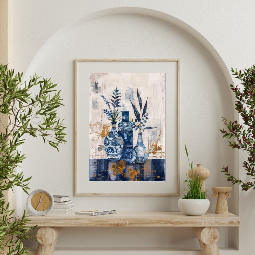 Poster wall art showing 'Vase Harmony – Simplistic Greenery in Blue Abstract' on a wall with plants