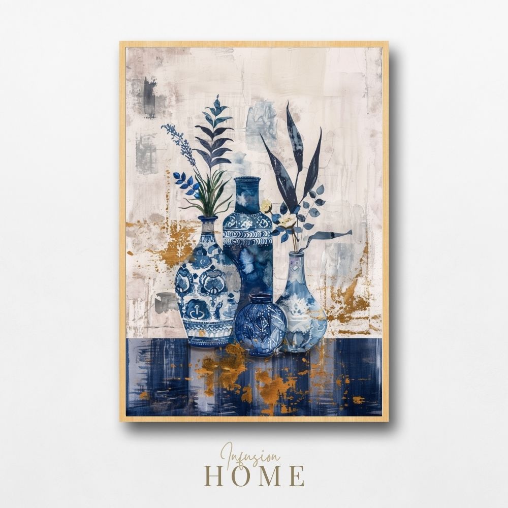 Poster wall art showing 'Vase Harmony – Simplistic Greenery in Blue Abstract'