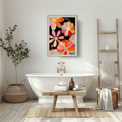 Poster wall art showing 'Vibrant Bloom – Bold Floral Abstract Design' in a bathroom