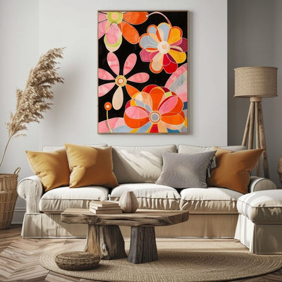 Poster wall art showing 'Vibrant Bloom – Bold Floral Abstract Design' in a living room