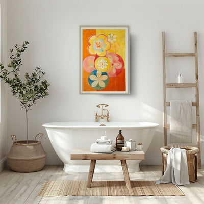 Poster wall art showing 'Vibrant Blossom Spectrum – Bold Floral Art' in a bathroom