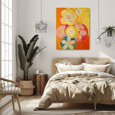 Poster wall art showing 'Vibrant Blossom Spectrum – Bold Floral Art' in a bedroom