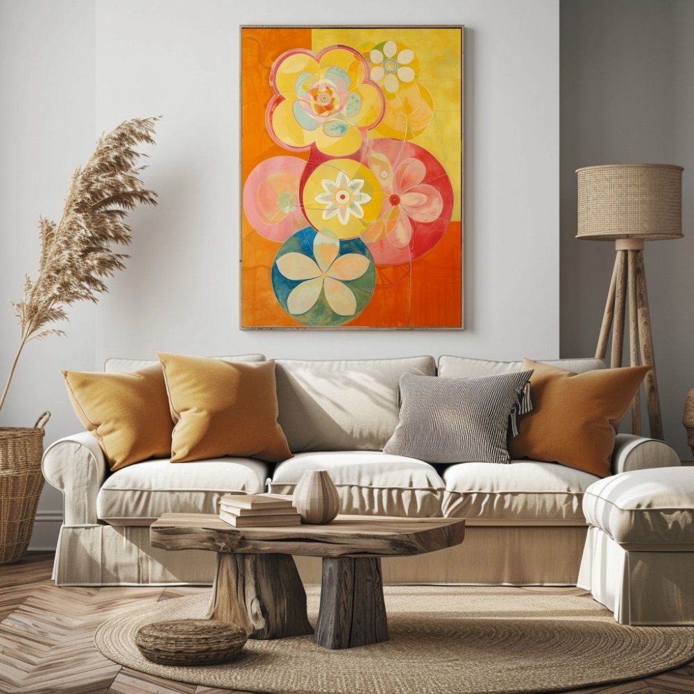 Poster wall art showing 'Vibrant Blossom Spectrum – Bold Floral Art' in a living room