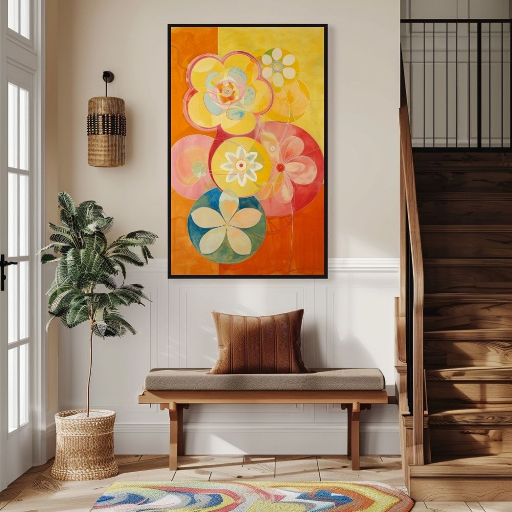 Poster wall art showing 'Vibrant Blossom Spectrum – Bold Floral Art' in an entryway