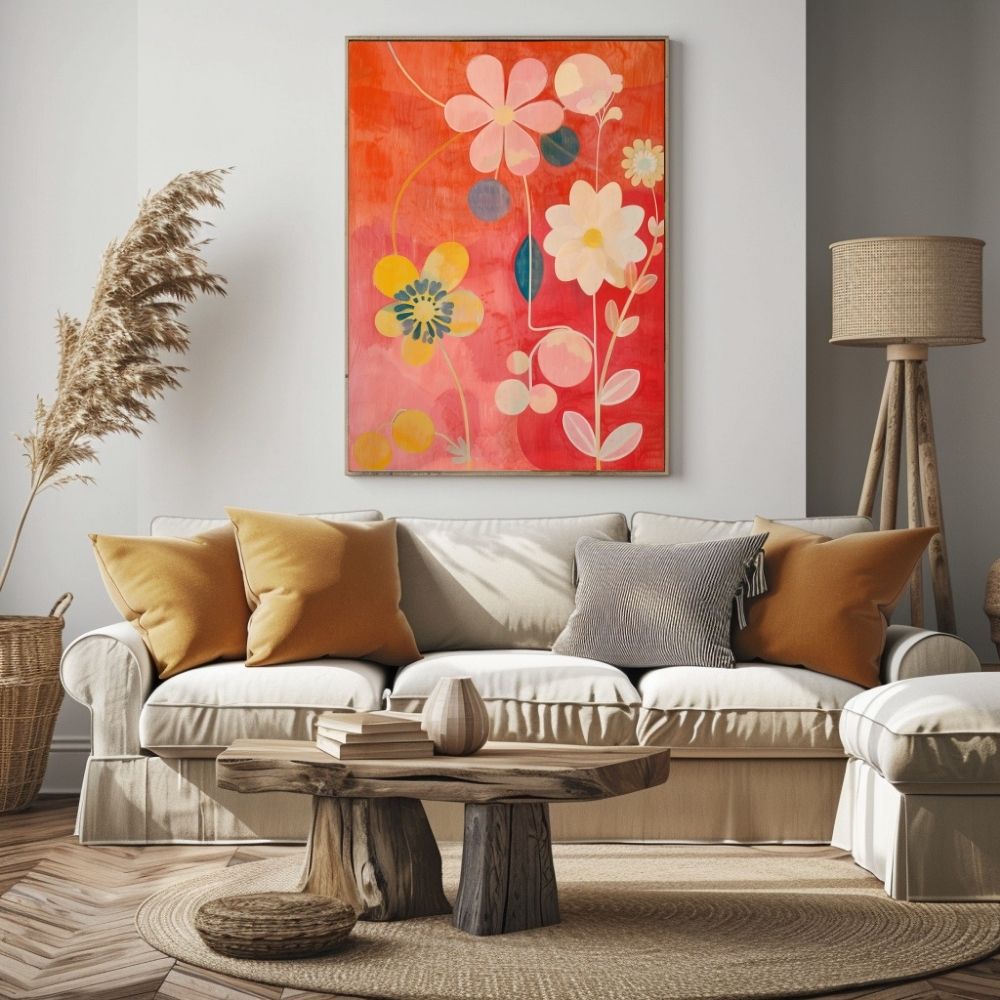 Poster wall art showing 'Vibrant Garden – Colorful Floral Design' in a boho living room