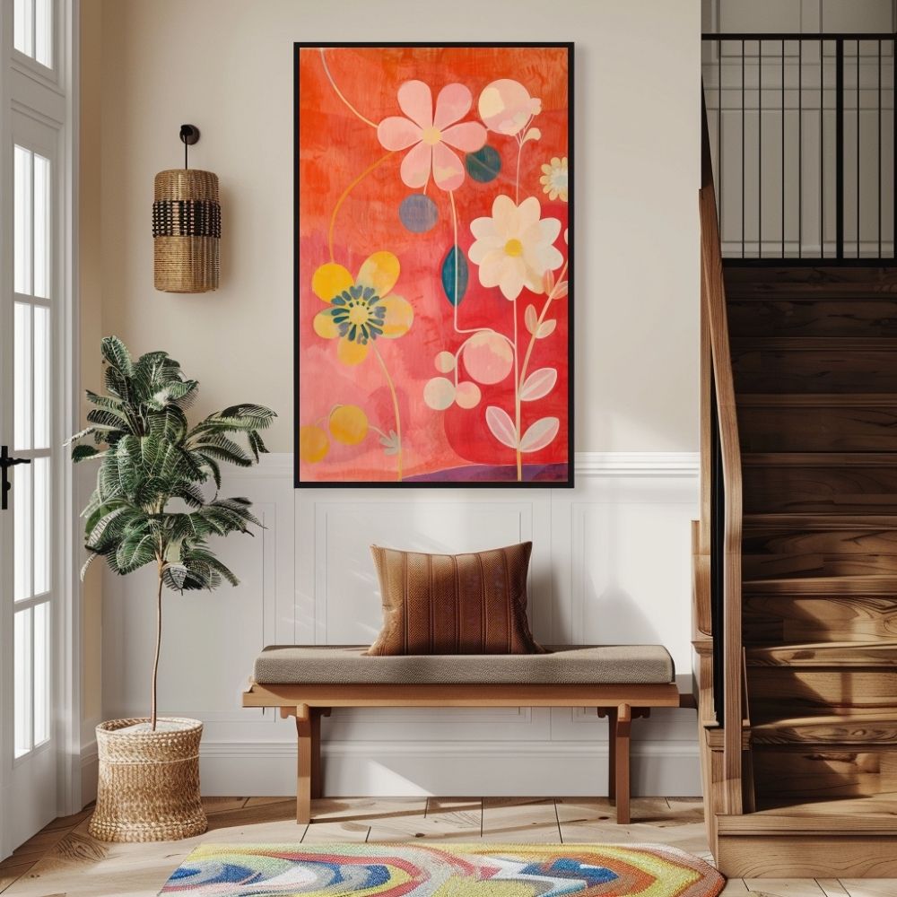 Poster wall art showing 'Vibrant Garden – Colorful Floral Design' in an entryway