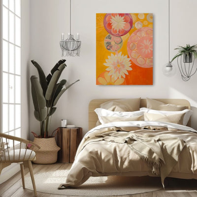 Poster wall art showing 'Vivid Botanica – Bold Floral Abstract' in a bedroom