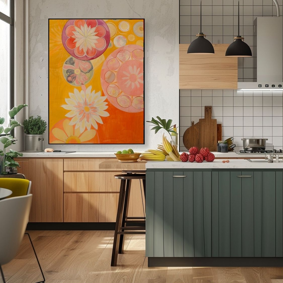 Poster wall art showing 'Vivid Botanica – Bold Floral Abstract' in a kitchen