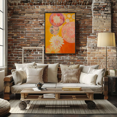 Poster wall art showing 'Vivid Botanica – Bold Floral Abstract' in a living room