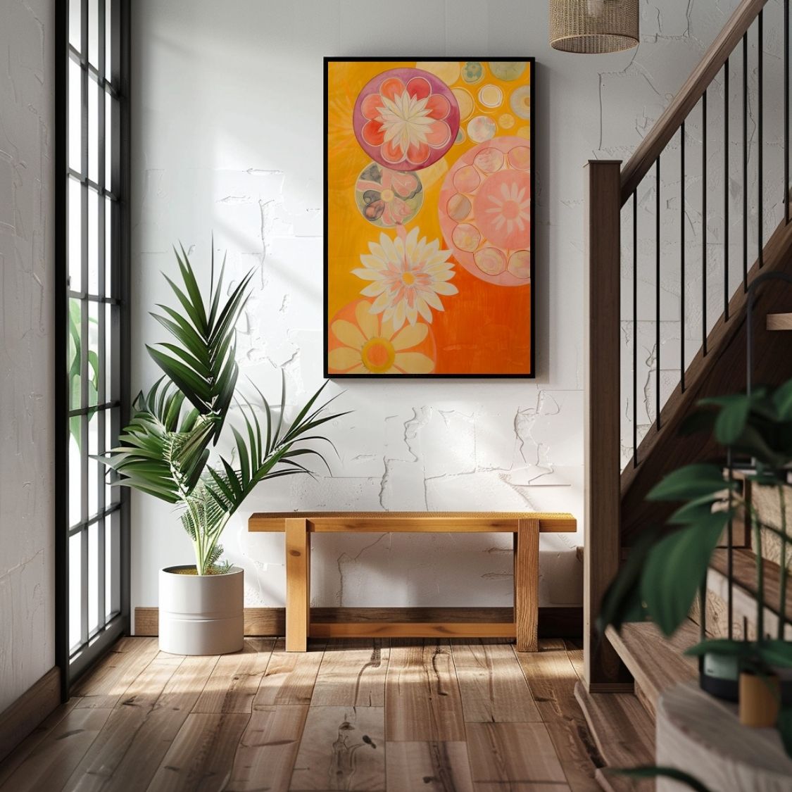 Poster wall art showing 'Vivid Botanica – Bold Floral Abstract' in an entryway