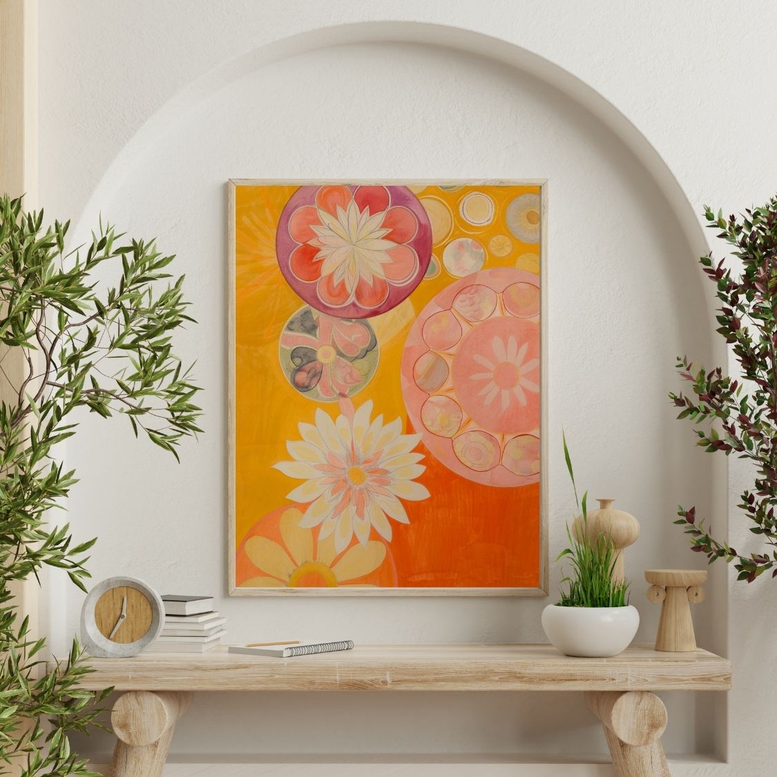 Poster wall art showing 'Vivid Botanica – Bold Floral Abstract' on a wall surrounded by plants