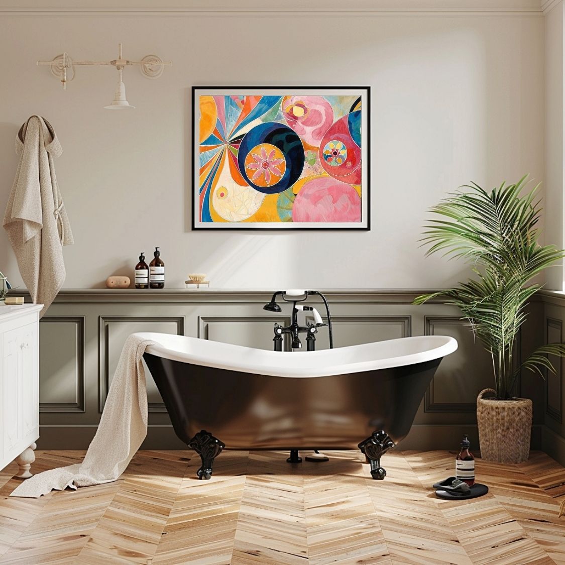 Poster wall art showing 'Vivid Flora – Dynamic Floral Abstract' in a bathroom