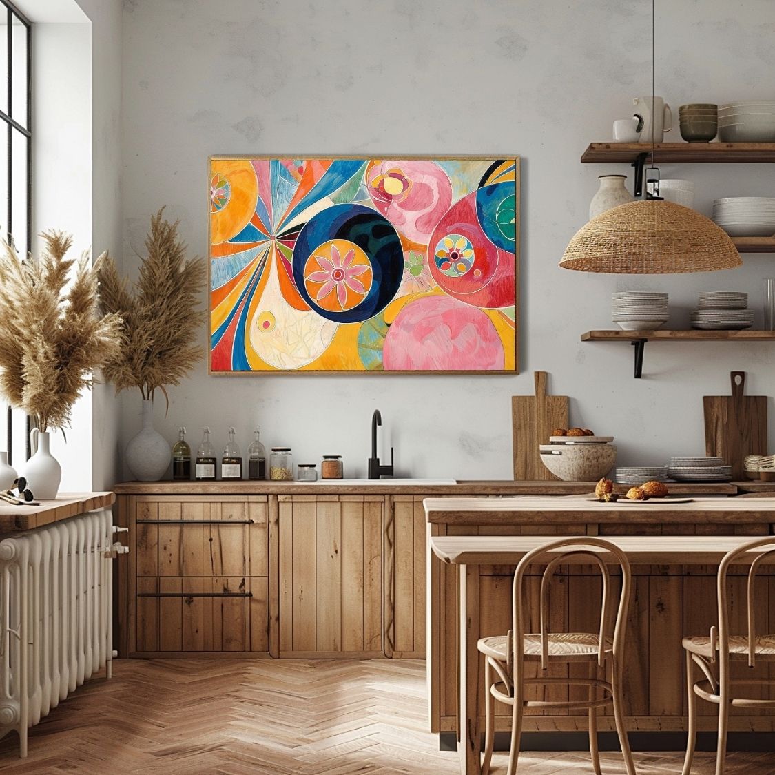 Poster wall art showing 'Vivid Flora – Dynamic Floral Abstract' in a kitchen