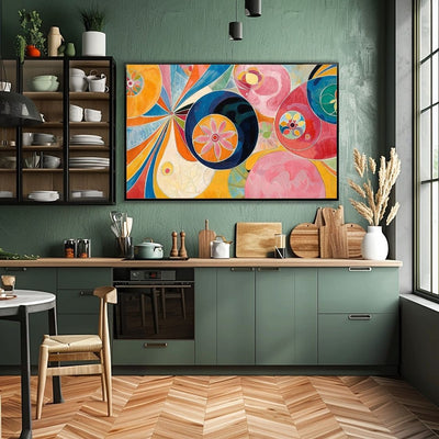 Poster wall art showing 'Vivid Flora – Dynamic Floral Abstract' in a green kitchen