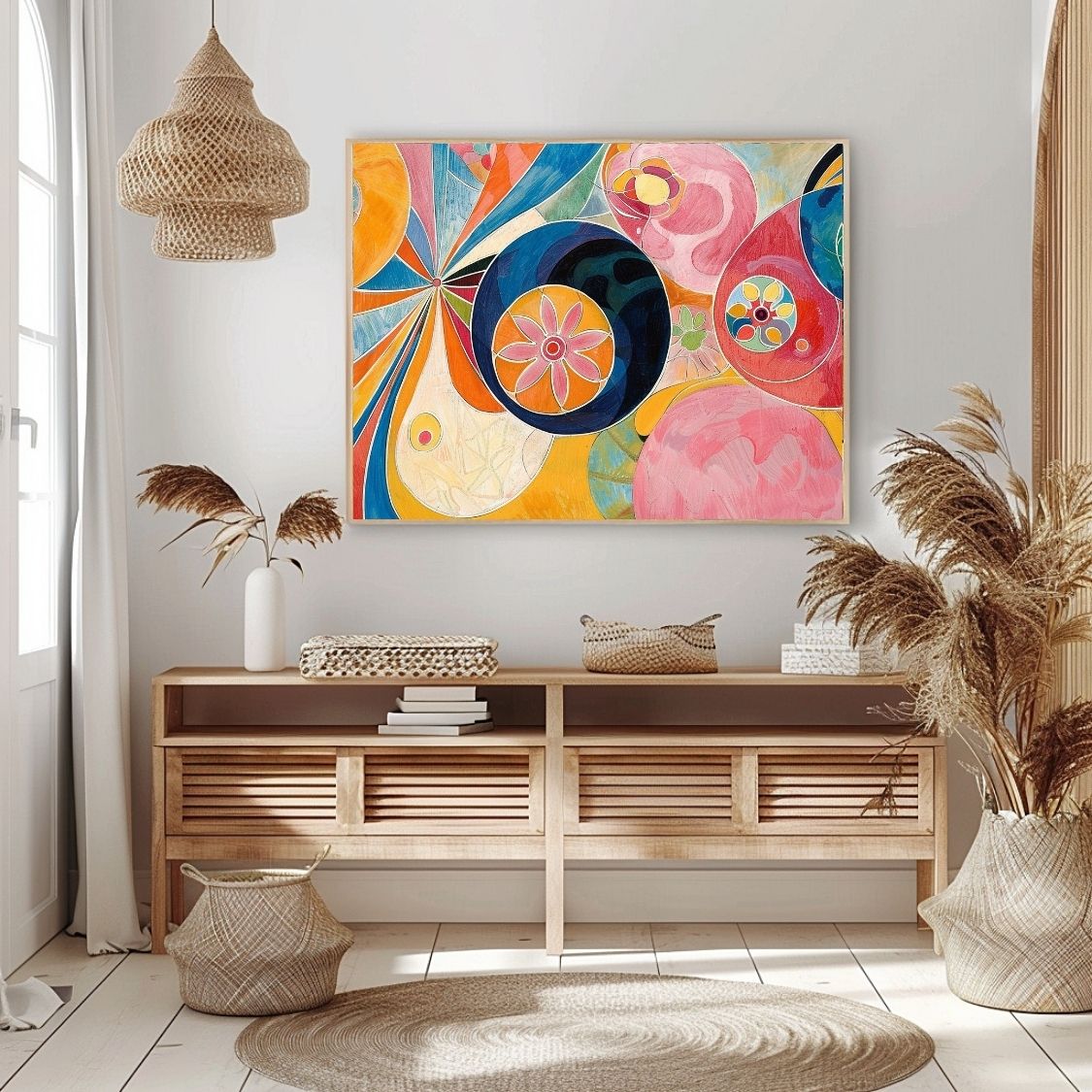 Poster wall art showing 'Vivid Flora – Dynamic Floral Abstract' in a hallway