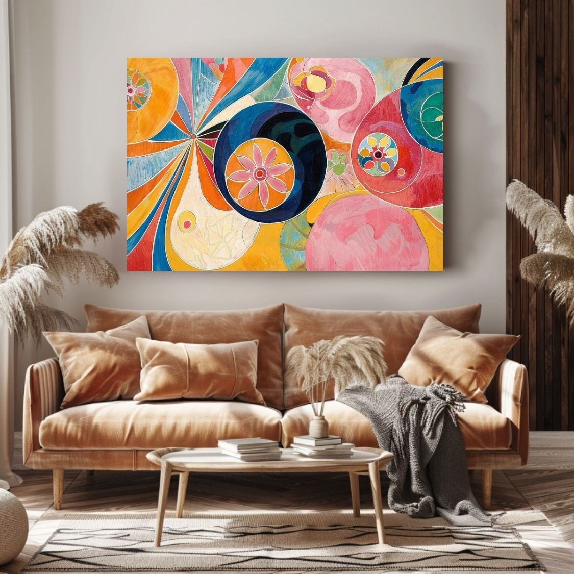 Poster wall art showing 'Vivid Flora – Dynamic Floral Abstract' in a modern living room