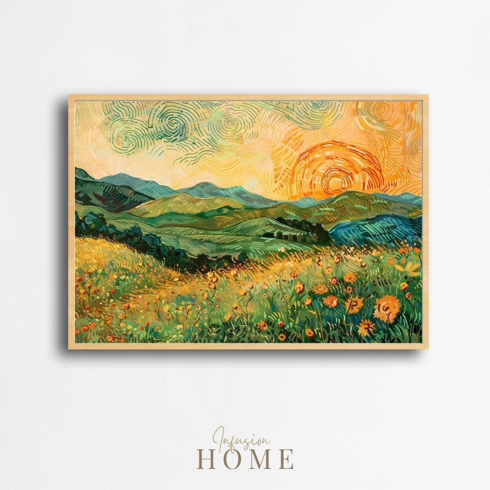 Poster wall art showing 'Whimsical Meadow - Sunrise over Blooming Rolling Hills'