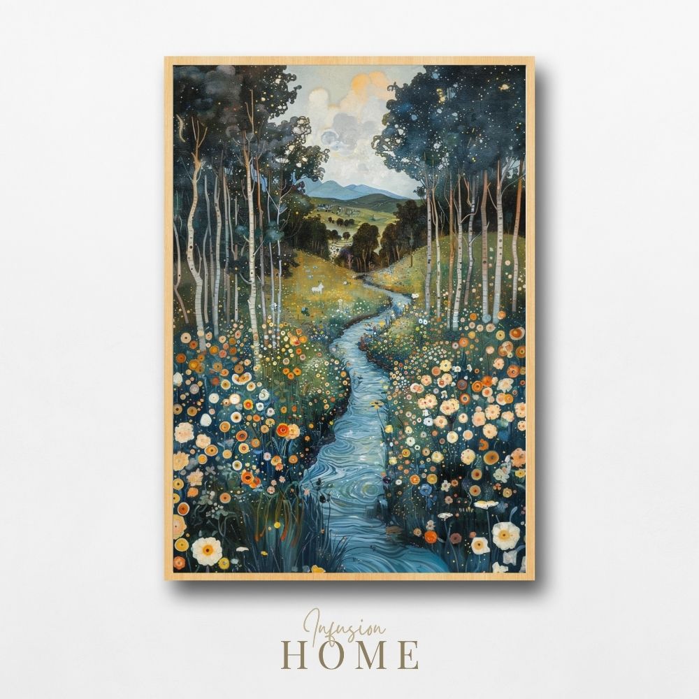 Poster wall art showing 'Whispering Waters - A River's Path Through a Floral Valley'