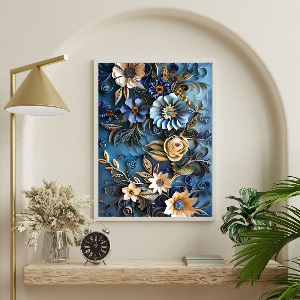 Blue Botanical Paper Cut Floral Art Print
