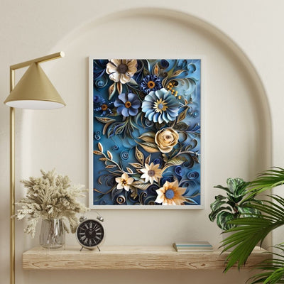Blue Botanical Paper Cut Floral Art Print
