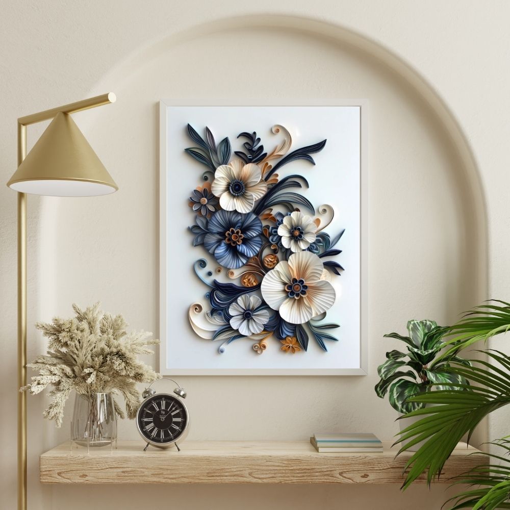 Elegant Navy and Cream Paper Cut Floral Wall Art Printable