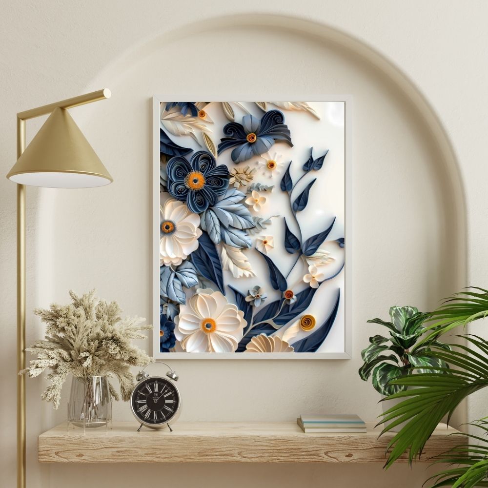 Navy and White Paper Cut Flower Wall Art Printable