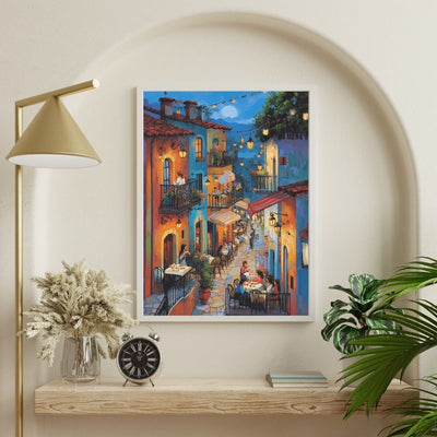 Moonlit Village Feast with Colorful Street Dining and Glowing Windows Printable