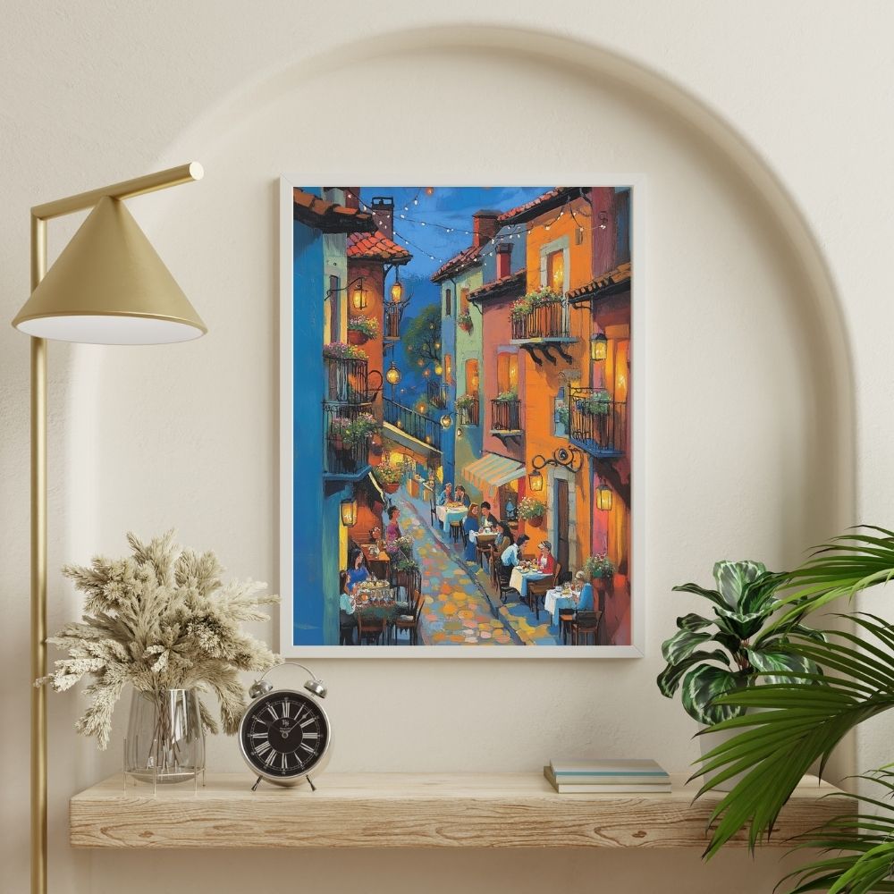 Twilight Cafe Street with Glowing Lanterns Digital Art