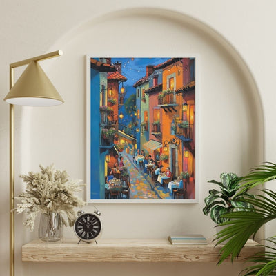 Twilight Cafe Street with Glowing Lanterns Digital Art