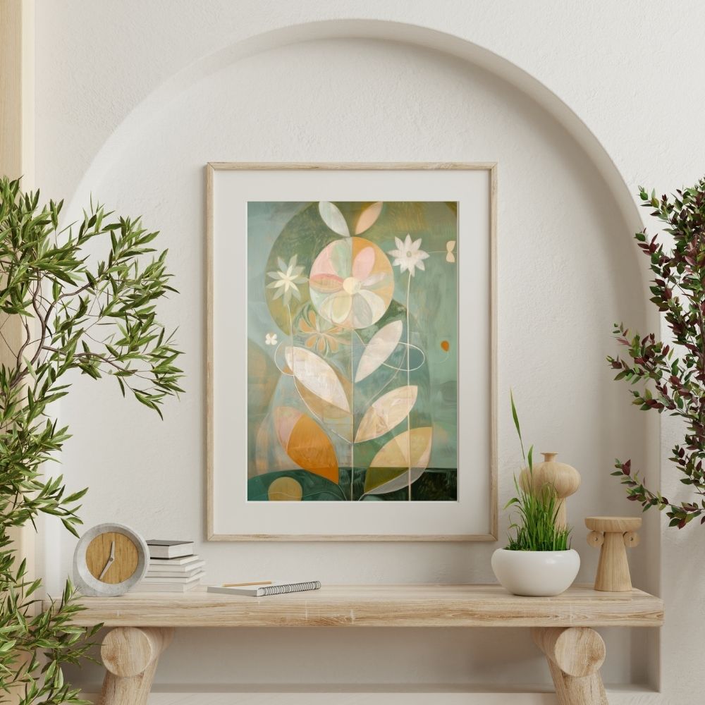 Pink and Neutral Floral Botanical Art in Green and Earth Tones