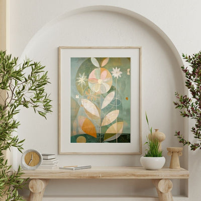 Pink and Neutral Floral Botanical Art in Green and Earth Tones