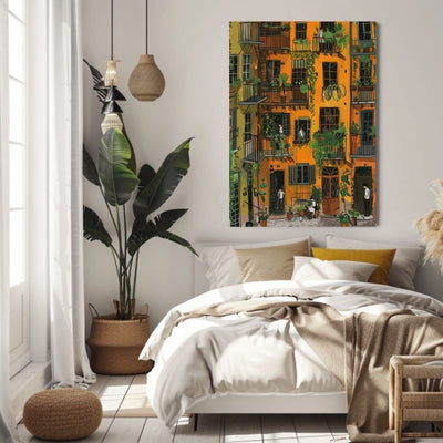 Tuscan Life in a Bold Orange Courtyard with Balconies Digital Wall Art