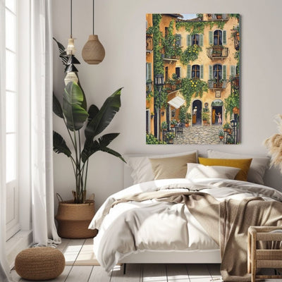 Sunlit French Courtyard Haven with Pastel Walls and Hanging Ivy Digital Download