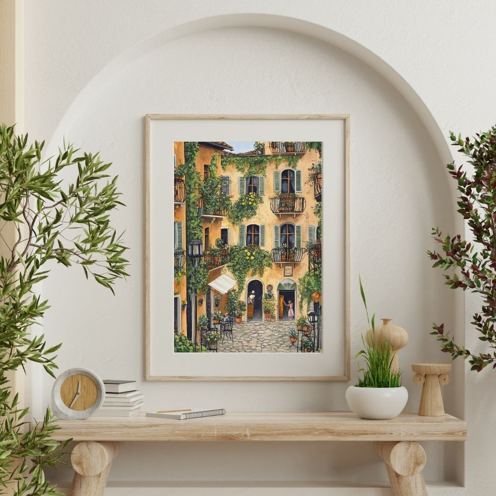 Sunlit French Courtyard Haven with Pastel Walls and Hanging Ivy Digital Download