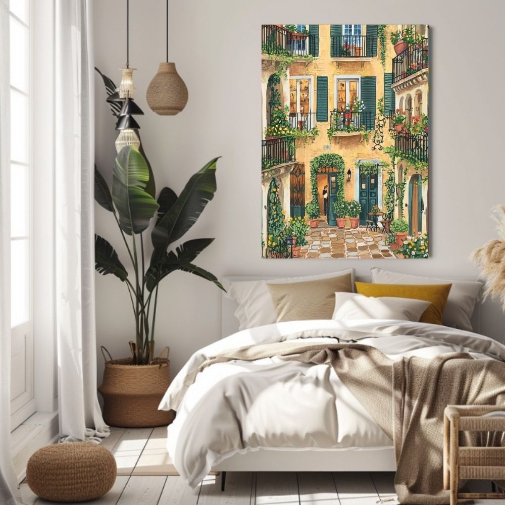 Charming Courtyard Garden with Ivy and Green Shutters Digital Wall Art