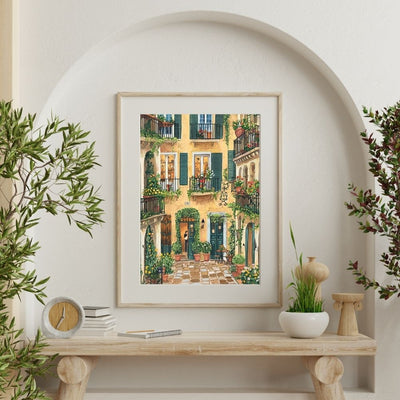 Charming Courtyard Garden with Ivy and Green Shutters Digital Wall Art