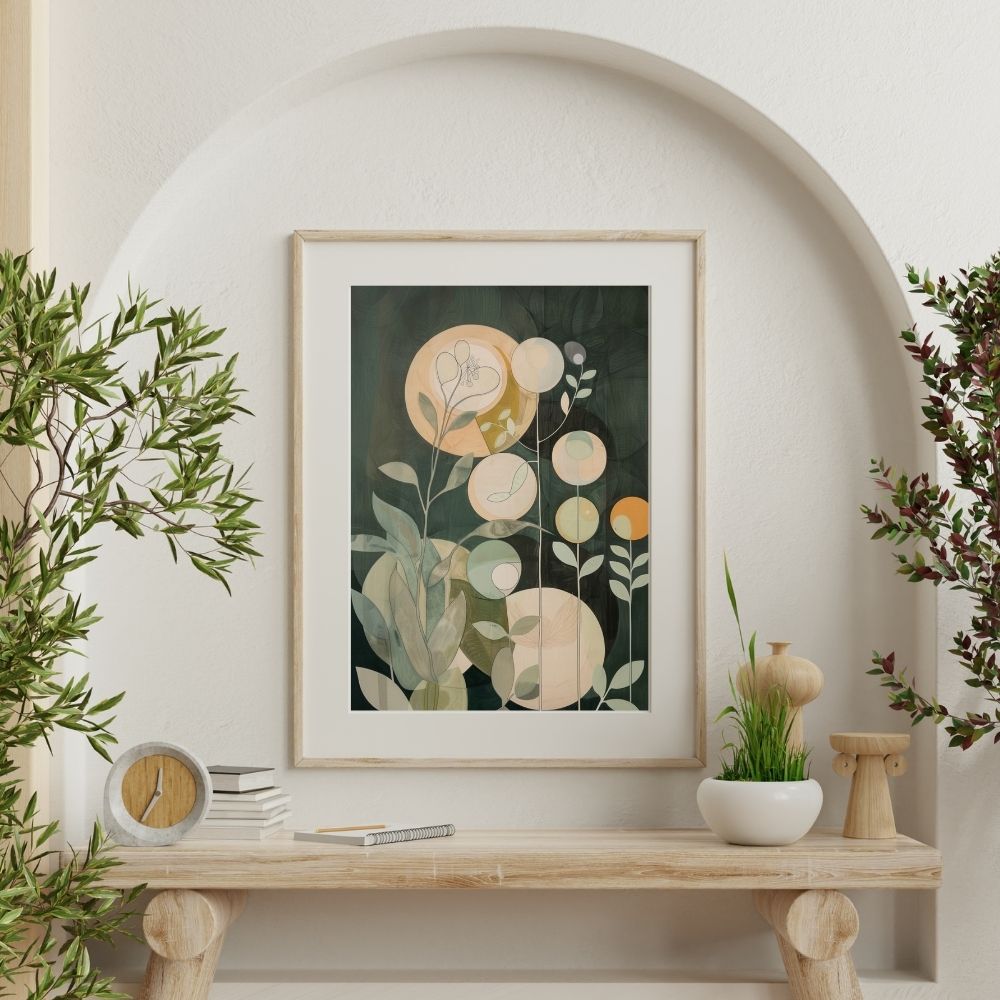 Botanical Nordic Green Floral Art with Soft Circles
