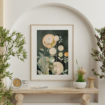 Botanical Nordic Green Floral Art with Soft Circles