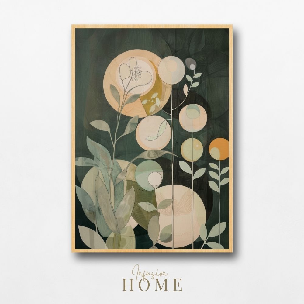 Botanical Nordic Green Floral Art with Soft Circles
