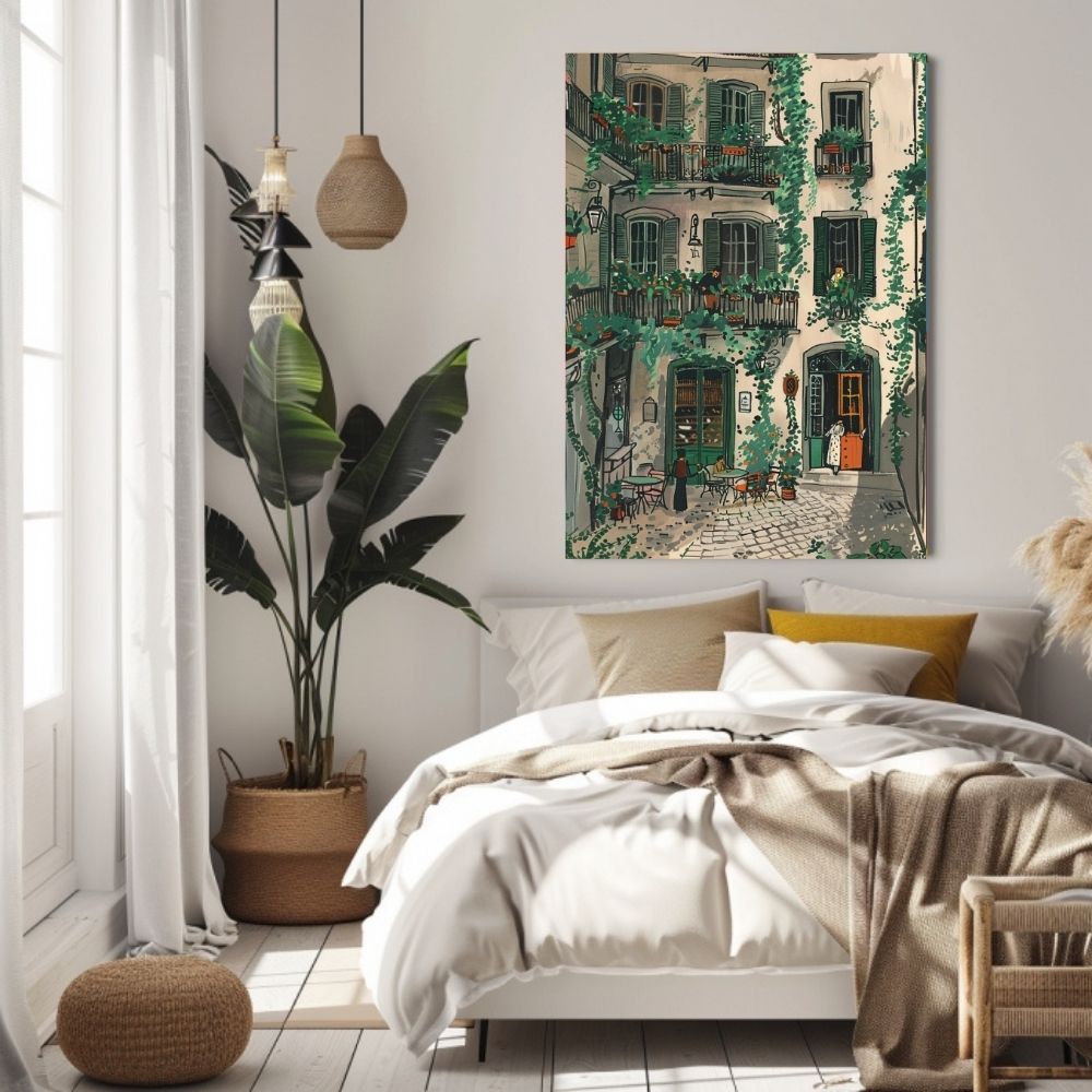 Elegant French Green Courtyard with Ivy-Draped Balconies Digital Wall Art