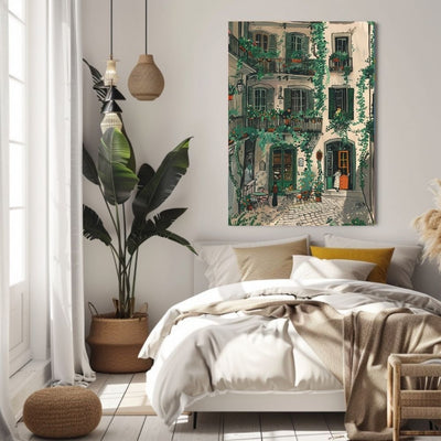 Elegant French Green Courtyard with Ivy-Draped Balconies Digital Wall Art