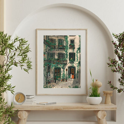 Elegant French Green Courtyard with Ivy-Draped Balconies Digital Wall Art