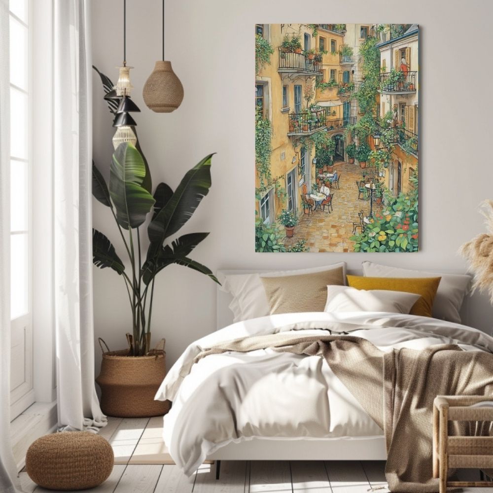 Courtyard Brunch with Ivy and French Village Architecture Digital Wall Art