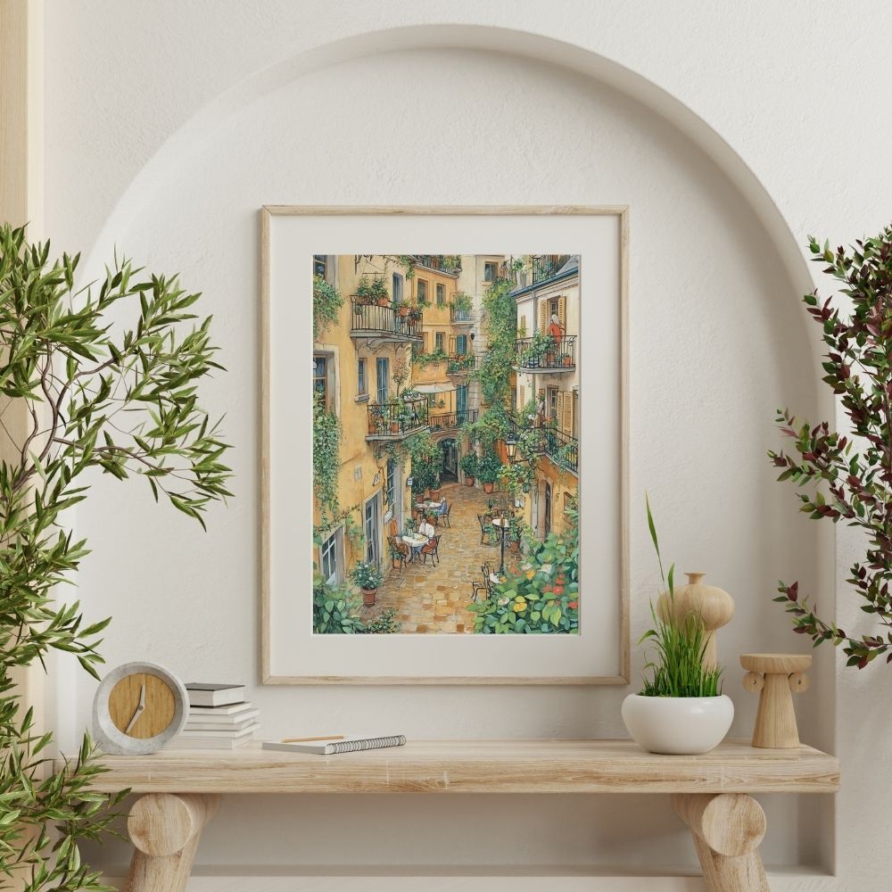 Courtyard Brunch with Ivy and French Village Architecture Digital Wall Art