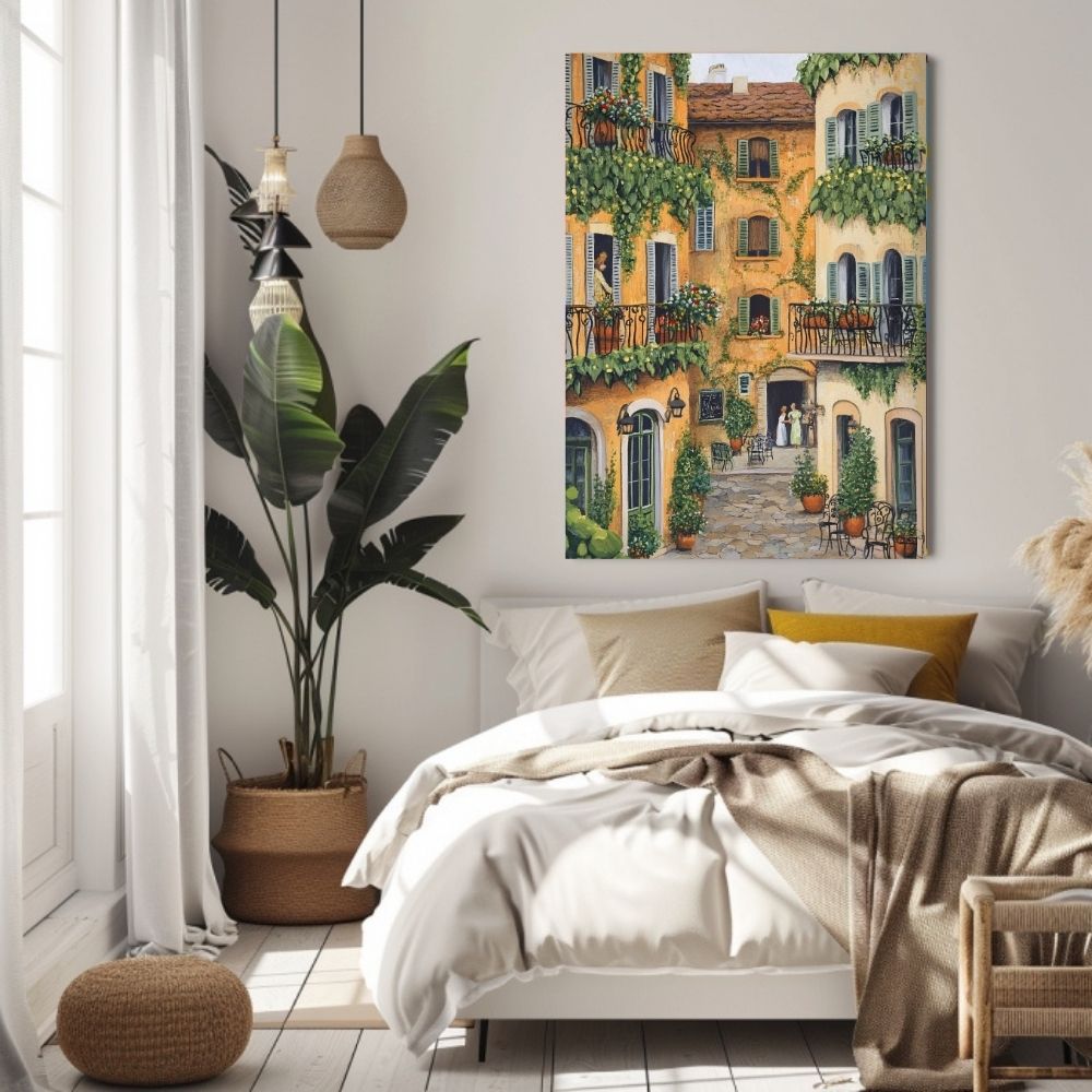 French Summer Courtyard Charm with Ivy Balconies and Cafe Chairs Digital Print
